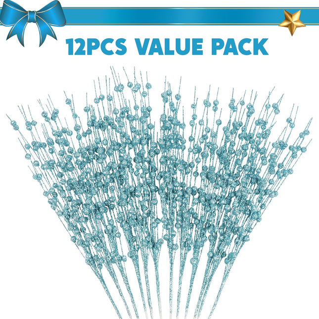 Joiedomi 12 Pcs Christmas Blue Glitter Berry Stems, 17'' Christmas Tree Picks, Xmas Wreath Ornaments Artificial Decorative Sticks, Glitter Twigs DIY Garland Crafts for Holiday Wedding Party Home Decor