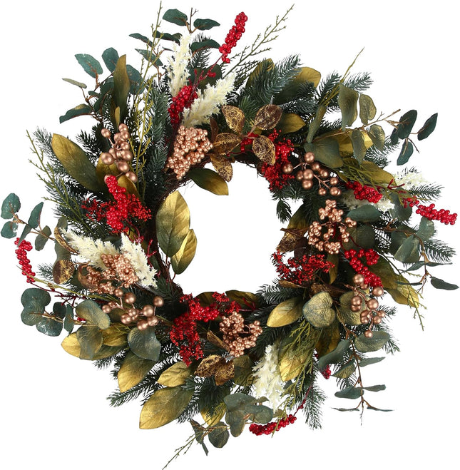 20" Gold Red Berries Christmas Wreaths for Front Door, Metallic Finish Eucalyptus Leaves Winter Xmas Wreath Outdoor Holiday Decoration, Door Wreath Decor for Farmhouse Front Porch Wall Window