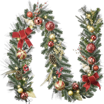 Valery Madelyn 9 feet Pre-Lit Christmas Garland with Lights for Mantle, Lighted Battery Operated Xmas Garland with Red Gold Balls for Front Door Fireplace Table Centerpiece Outdoor Window Home Decor