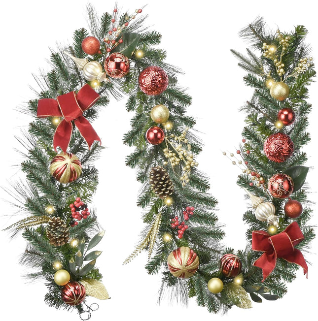 Valery Madelyn 9 feet Pre-Lit Christmas Garland with Lights for Mantle, Lighted Battery Operated Xmas Garland with Red Gold Balls for Front Door Fireplace Table Centerpiece Outdoor Window Home Decor