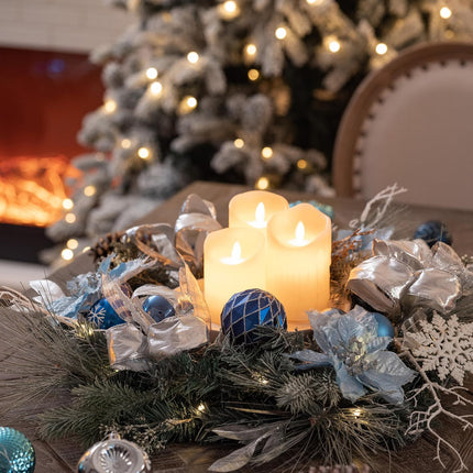 Valery Madelyn 24 Inch Pre-Lit Christmas Wreath for Front Door with Lights, Large Lighted Christmas Wreath with Silver Blue Xmas Ball for Fireplace Window Outdoor Table Centerpiece Holiday Decoration
