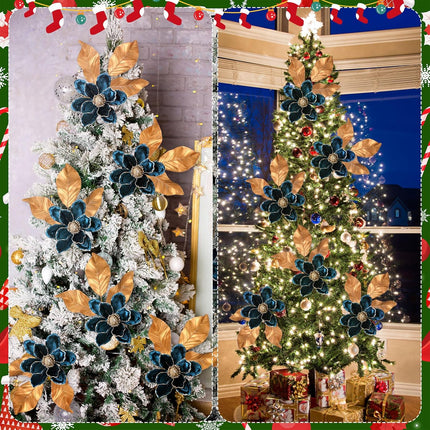 12 Pcs Christmas Glitter Artificial Flower Set 6 Magnolia Flower 6 Magnolia Leaves Picks Christmas Tree Wreath Decor Artificial Floral Ornaments for Xmas Party Holiday (Peacock Blue)