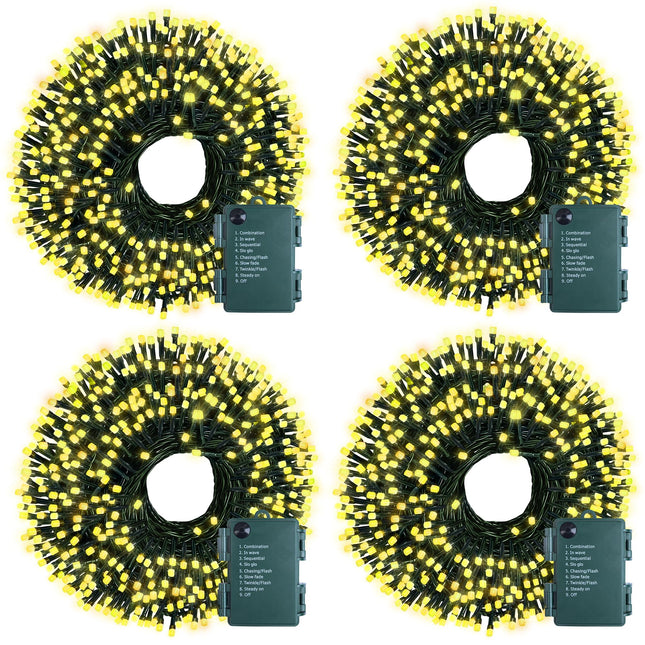 4 Pack Each 32.8ft 120 LED Battery Operated Christmas Tree Lights String Indoor Outdoor with Timer 8 Modes Dark Green Wire Light Xmas Patio Bedroom Garden Decorations (Warm White)