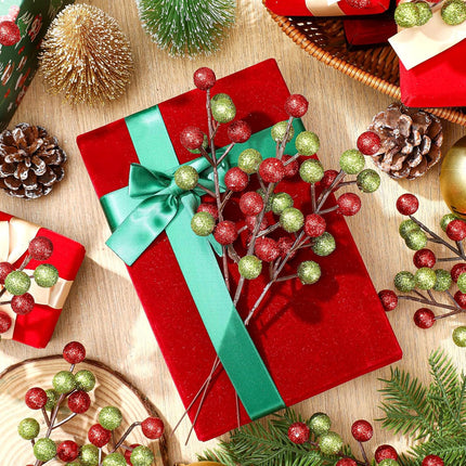 24 Pack Christmas Glitter Berry Stems 9.45'' Red Green Artificial Christmas Picks for Christmas Tree Ornaments Glitter Berry Branches for Xmas DIY Crafts Wreath Decorations Holiday Year