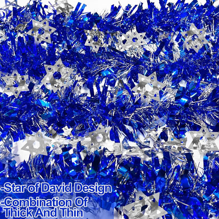 TURNMEON 33 Ft by 6 Inch Hanukkah Tinsel Garland Hanukkah Decorations with Star of David Silver Ornaments Blue Metallic Streamers Hanukkah Decoration Home Indoor Outdoor Chanukah Party Supplies