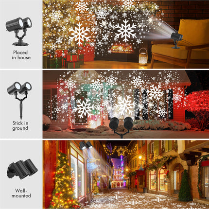 Christmas Light Projector Outdoor, Double Head LED Snowflake Christmas Projector Lights Indoor, High Brightness, 360°Rotating, Waterproof for Xmas Garden Patio Holiday Decor