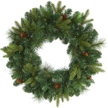 Nearly Natural 24in. Mixed Pine Artificial Christmas Wreath with 35 Clear LED Lights and Pinecones