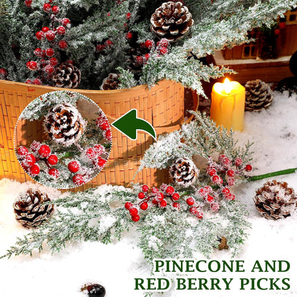 24 Pcs 18.5 Inch Snowy Faux Cedar Branches Frosted Artificial Cedar Picks and Sprays Cedar Twigs Stems Christmas Greenery Stems Green Artificial Cedar Sprigs for Christmas Holiday (Berry Pine Cones)