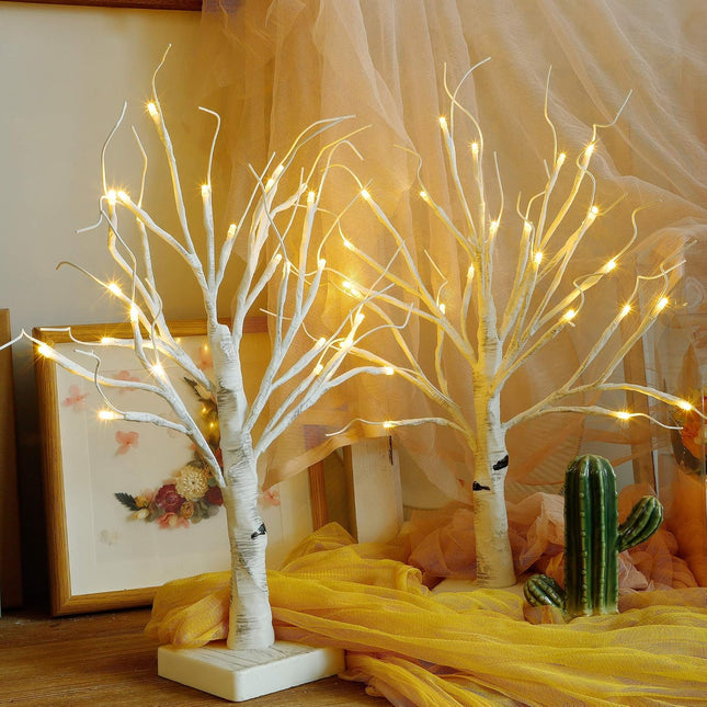 Twinkle Star 2 Pack 24 LED Lighted Birch Tree for Home Decor, Battery Operated Tabletop Mini Artificial Tree for for Christmas Centerpiece Mantel Indoor Wedding Party Fall Decoration 2 FT