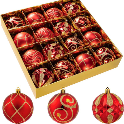 3.15" Christmas Ball Ornaments Set, 16pc Red Xmas Tree Ornaments Decoration, Shatterproof Large Decorative Hanging Balls with Loop for Christmas Party Holiday Wreath Garland Home Decor