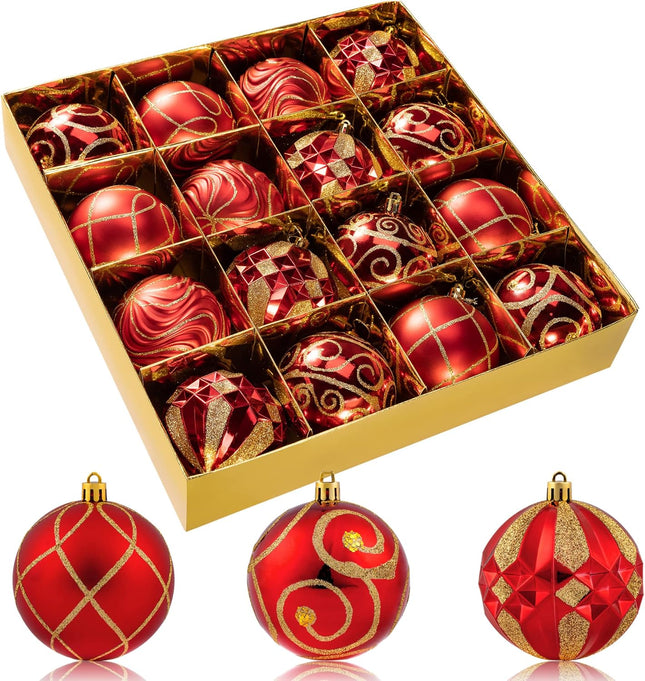 3.15" Christmas Ball Ornaments Set, 16pc Red Xmas Tree Ornaments Decoration, Shatterproof Large Decorative Hanging Balls with Loop for Christmas Party Holiday Wreath Garland Home Decor