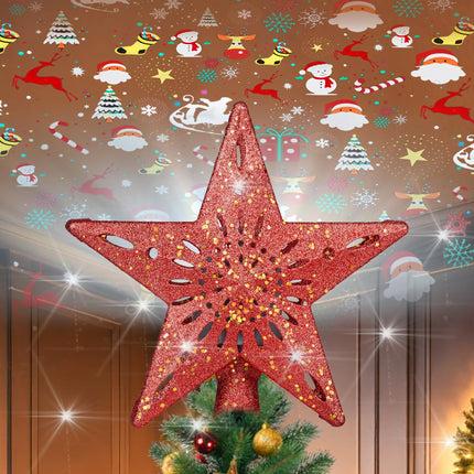 Christmas Star Tree Topper - Lighted with 6 Projection Modes Built-in Festive LED Rotating Lights Holiday Xmas Party Decoration for Christmas Trees（Red）