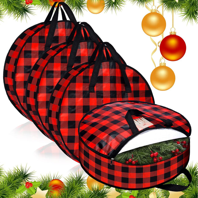 4 Pcs Christmas Wreath Storage Bag 24 Inch 30 Inch Large Buffalo Plaid Wreaths Storage Container Zippered Wreaths Holder with Handles for Xmas Holiday Party Seasonal Storage Wrapping(Black and Red)