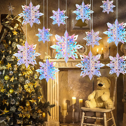 18Pcs Christmas Hanging Snowflake Decorations, 3D Glittery Large Iridescent Paper Snowflakes Garland for Christmas Winter Wonderland Frozen Holiday Year Home Tree Birthday Party Decorations