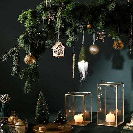 DecorbyHannah 70ct Christmas Ornaments Set, Shatterproof Decorative Green Gold Christmas Tree Decorations with Small Xmas Tree, Gnome and Wooden Lighted Bird House for Home Party Halloween Decor