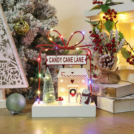 Lulu Home Christmas Tabletop Decoration, Wooden Pre-lit Xmas Candy Cane Lane Ornament with Metal Frame, Battery Operated LED Light Up Holiday Sign for Indoor Mantel Shelf Decor