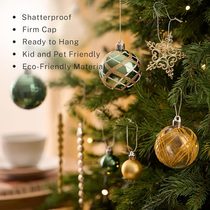DecorbyHannah 70ct Christmas Ornaments Set, Shatterproof Decorative Green Gold Christmas Tree Decorations with Small Xmas Tree, Gnome and Wooden Lighted Bird House for Home Party Halloween Decor