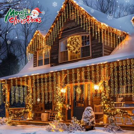 Brightown Cluster Icicle Lights Outdoor, 10FT2.5FT 480 LED Curtain Lights with 12 Mode, Icicle String Lights with Timer, Waterproof Firecracker Christmas Lights Outdoor for Bedroom Indoor, Warm White