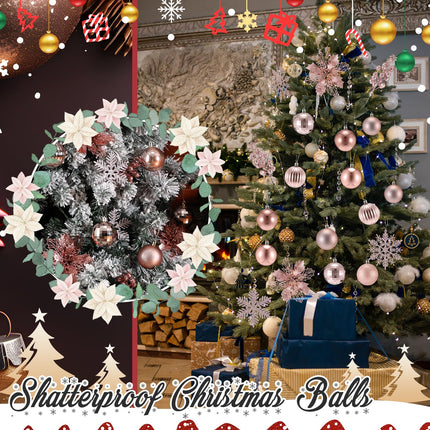 Ceenna 132 Pcs Christmas Tree Ornaments Set Glitter Poinsettia Flowers 2.36 inch Christmas Balls Snowflakes Decorations Artificial Berry Picks for Xmas Tree Wreath, Hooks Included (Rose Gold,Delicate)
