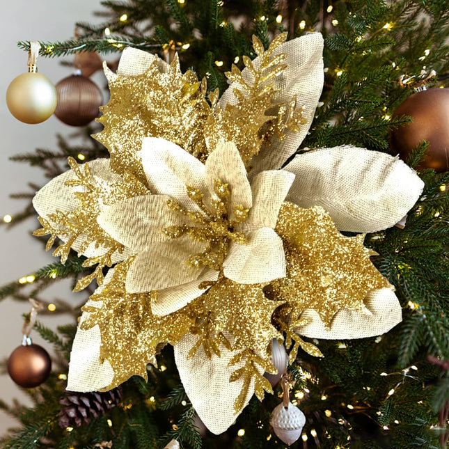 DEEMEI Christmas Poinsettia Artificial Flowers Christmas Tree Wreaths Garland Decoration 15 Pcs 5.5" Glitter Flowers Picks Decor for Xmas Year Wedding Party Ornaments Gold