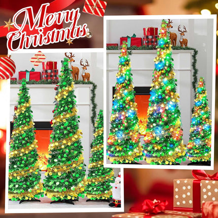 Leyndo 3 Pcs Pop up Christmas Tree with LED Light 3, 4, 5 ft Pre Lit Artificial Collapsible Christmas Tree Green and Gold Pencil Sequin Tinsel Skinny Xmas Tree for Indoor Home Fireplace Decoration
