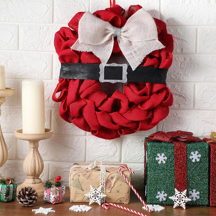 Riceshoot Santa Wreath 15.7 Inch Christmas Front Door Wreath Decoration Red Burlap Wreath Black Belt Silver Buckle Holiday Wreath for Christmas Indoor Outdoor Home Office Wall Wedding Holiday Party
