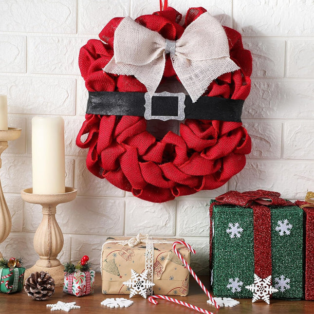 Riceshoot Santa Wreath 15.7 Inch Christmas Front Door Wreath Decoration Red Burlap Wreath Black Belt Silver Buckle Holiday Wreath for Christmas Indoor Outdoor Home Office Wall Wedding Holiday Party
