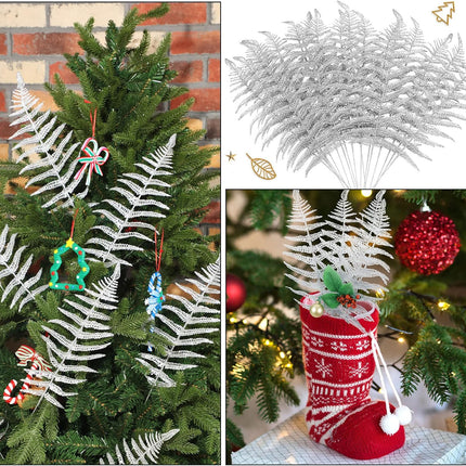 Yunsailing 20 Pcs Christmas Glitter Leaves Artificial Flashing Leaves Tropical Leaf Wedding Pick Flower Arrangement Wreaths DIY Hanging Ornament for Wedding Party Decoration(Silver, 20 Pcs)