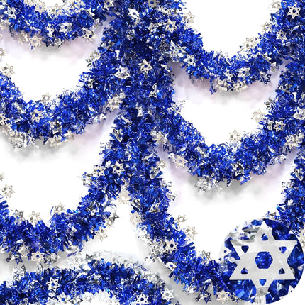 TURNMEON 33 Ft by 6 Inch Hanukkah Tinsel Garland Hanukkah Decorations with Star of David Silver Ornaments Blue Metallic Streamers Hanukkah Decoration Home Indoor Outdoor Chanukah Party Supplies