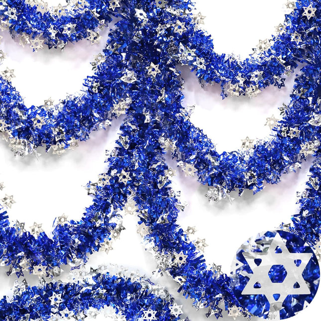TURNMEON 33 Ft by 6 Inch Hanukkah Tinsel Garland Hanukkah Decorations with Star of David Silver Ornaments Blue Metallic Streamers Hanukkah Decoration Home Indoor Outdoor Chanukah Party Supplies