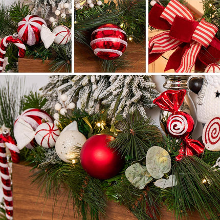 Valery Madelyn 9 feet Pre-Lit Christmas Garland with Lights for Mantle, Lighted Battery Operated Candy Cane Xmas Garland with Red White Balls for Front Door Fireplace Table Centerpiece Outdoor Decor