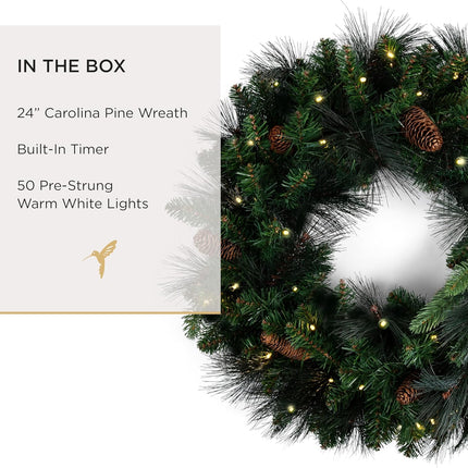 Papyrus 24" Pre-Lit Carolina Pine Artificial Wreath, Pine Cones, Warm White Light, Battery Powered, Indoor/Outdoor