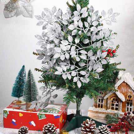 Chuangdi 30 Pcs Christmas Glitter Picks 12 Inch Artificial Xmas Tree Sprigs and Twigs Glitter Spray Christmas Trees Leaves Plastic Xmas Decoration Fake Bunch Stem for DIY Garland Wreath(Silver)