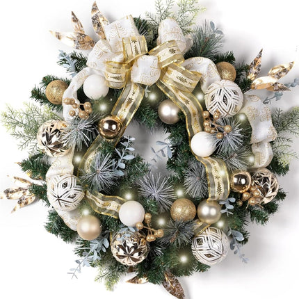 Valery Madelyn 24 Inch Pre-Lit Christmas Wreath for Front Door with Lights, Large Lighted Christmas Wreath with White Gold Xmas Ball for Fireplace Window Outdoor Table Centerpiece Holiday Home Decor