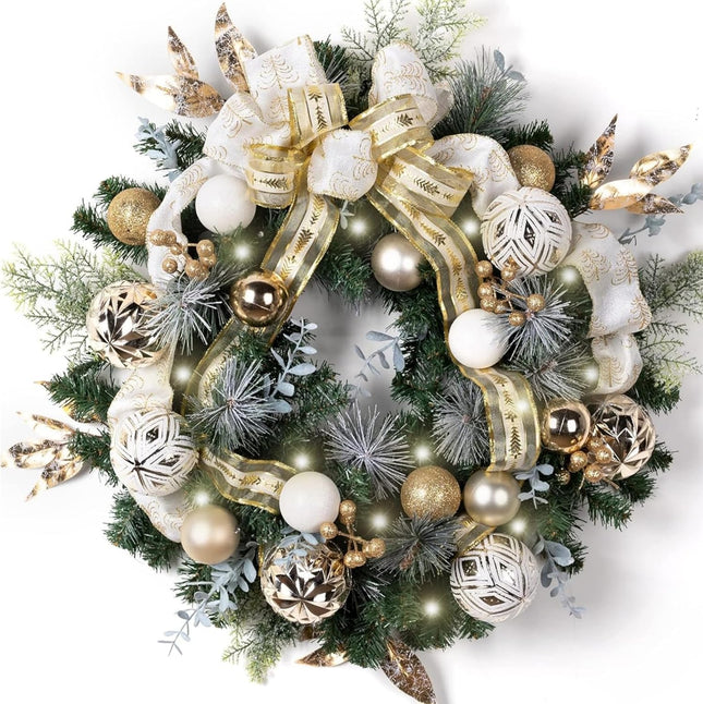 Valery Madelyn 24 Inch Pre-Lit Christmas Wreath for Front Door with Lights, Large Lighted Christmas Wreath with White Gold Xmas Ball for Fireplace Window Outdoor Table Centerpiece Holiday Home Decor