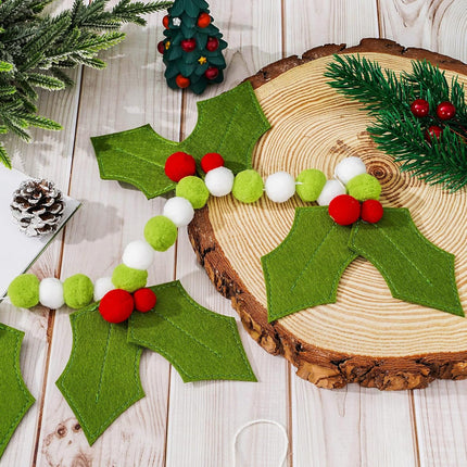 Whaline Christmas Holly and Berries Felt Garland Red White Green Leaves Pom Pom Banner Xmas Hanging Ornament for Winter Holiday Indoor Outdoor Home Party Decor