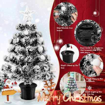 Pre-Lit Fiber Optic Christmas Tree,22'' Tabletop Small Mini Artificial Xmas Tree with Balls,RGB Lights,Treetop, Battery/USB Powered White Tiny Fake Xmas Tree Decorations for Desktop,Holiday