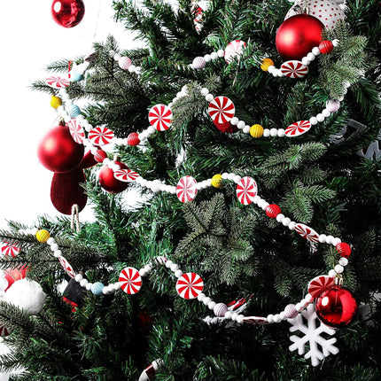 Christmas Wooden Bead Garland Christmas Tree Wood Candy Garland Red and White Peppermint Candy Beaded Garland Christmas Tree Decorations for Xmas Party Supplies Holiday Favors, 9 Ft