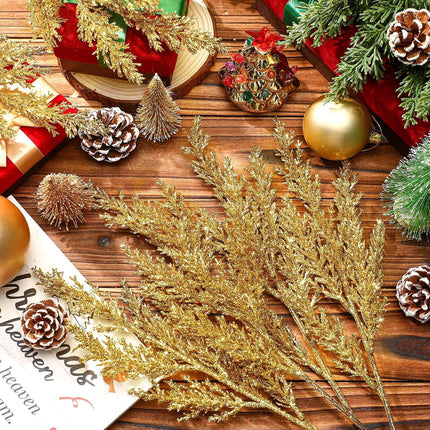 12 Pcs Christmas Artificial Pine Needles Faux Cedar Branches 17 Inch Glitter Fake Foliage Pine Stems Picks Christmas Tree Ornaments for DIY Xmas Garland Wreath Crafts Decoration(Gold)