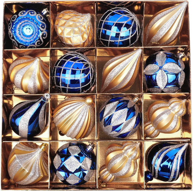 3.14"/80mm Navy Blue and Gold Christmas Ornaments Set, Luxury Christmas Decorations, Shatterproof Christmas Ball Ornament, Christmas Tree Ornaments, Hanging Christmas Ornaments for Tree Decor, 16ct