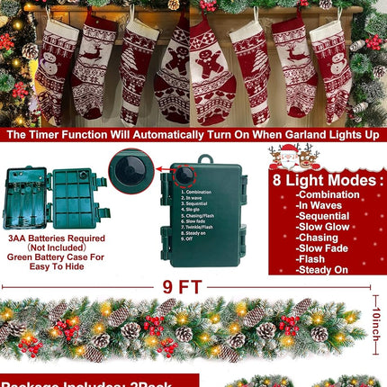 2 Pack Prelit Christmas Garland Each 9 Ft 100 Lights Timer 8 Mode, Cedar Garland Thick 300 Tips Snowy Bristle Pine 198 Berry 18 Pinecones Battery Operated Mantle Xmas Decoration Total 18 Ft 200 LED