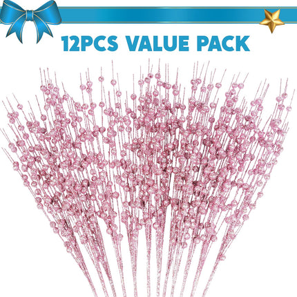 Joiedomi 12Pcs Glitter Berry Stem Ornaments, Christmas Decorative Bead Sticks, 17” Pink Artificial Glitter Twigs for Christmas Tree Decor, Wreath DIY Crafts, Holiday Party Supplies Wedding Decor(Pink)