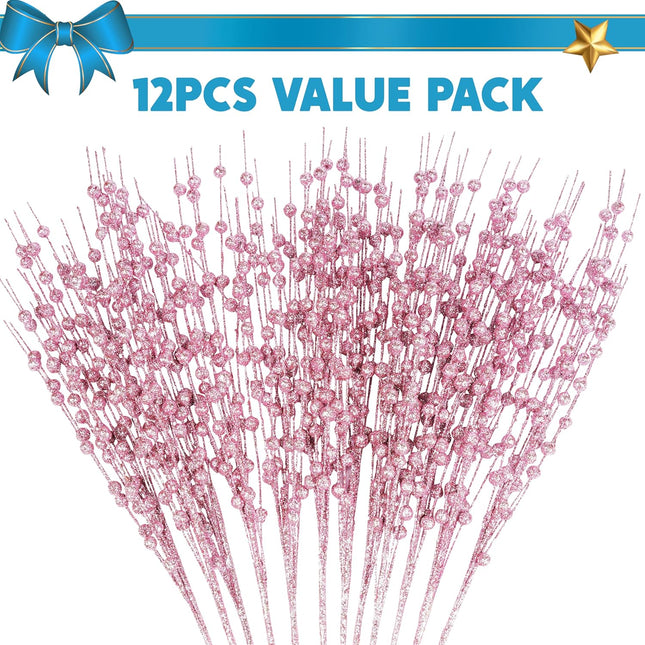 Joiedomi 12Pcs Glitter Berry Stem Ornaments, Christmas Decorative Bead Sticks, 17” Pink Artificial Glitter Twigs for Christmas Tree Decor, Wreath DIY Crafts, Holiday Party Supplies Wedding Decor(Pink)