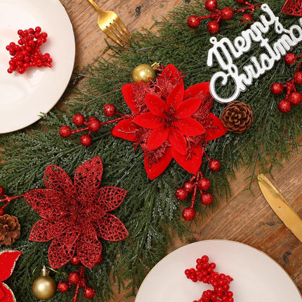 Floweroyal 30pcs Poinsettia Artificial Christmas Flowers Decorations with Clips and Berry Stems Glitter Ornaments for Christmas Tree Wreath Fireplace Stairs Decor (Red-3 Styles)