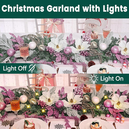 Christmas Garland - 5.9 Ft Christmas Garland for Mantle, Christmas Flocked Garlands with Magnolia Flower Christmas Balls Pink Gold Leaves for Outdoor Indoor Christmas Decor