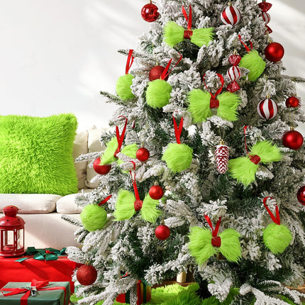 Christmas Decorations Indoor: 12pcs Green Plush Faux Fur Christmas Tree Ornaments, Fluffy Grinchmas Hanging Bows Xmas Ball Ornaments for Tree Garland Fireplace, Home School Office Décor