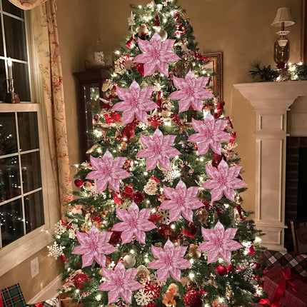 Briful 9'' Christmas Poinsettia Flowers 8PCS Pink Glitter Artificial Flowers Large Christmas Ornament Flowers for Xmas Tree Wreath Garland Decoration