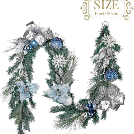 Valery Madelyn Pre-Lit Christmas Garland with Lights for Mantle, 6 feet Lighted Battery Operated Xmas Garland with Silver Light Blue Balls for Front Door Fireplace Table Centerpiece Outdoor Decor
