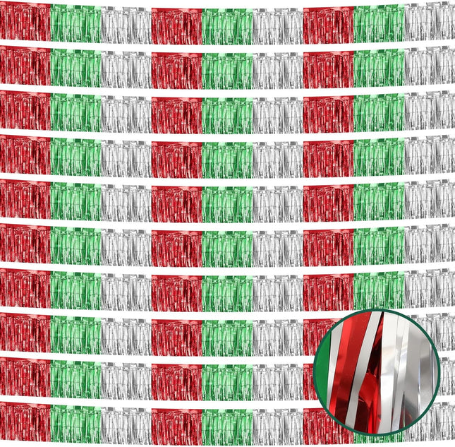 10 Pack 10 Feet Christmas Foil Fringe Garland Red Silver Green Fringe Garland for Christmas Party Decorations Christmas Parade Float Fringe Tinsel Fringe Banner for Birthday Party Year Decor