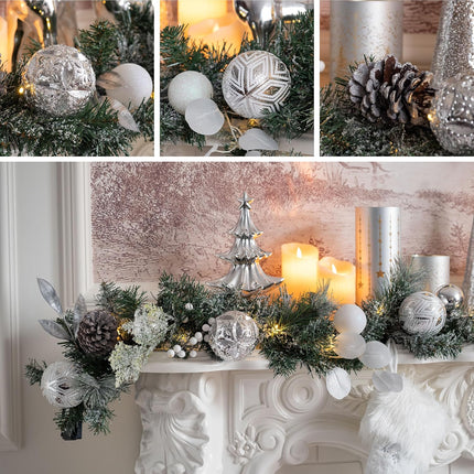 Valery Madelyn 6 feet Pre-Lit Christmas Garland with Lights for Mantle, Lighted Battery Operated Xmas Garland with Silver White Balls for Front Door Fireplace Table Centerpiece Outdoor Home Decoration